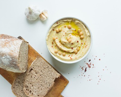 Hummus and bread for postpartum snacks.