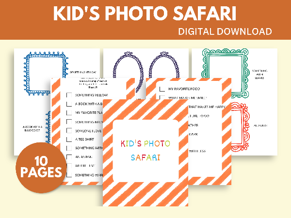 Kid's photo safari scavenger hunt printable.  Six colorful pages shown.