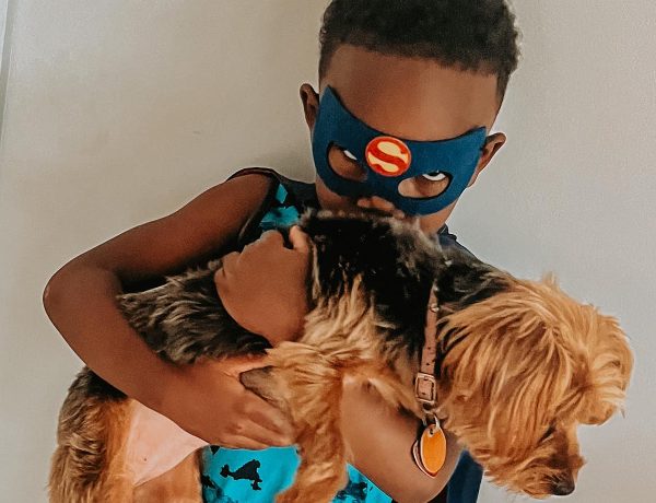 Toddler boy dressed up in superhero custome holding a puppy.