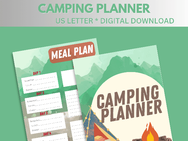 Camping trip planner.  Showing cover page and meal planning printable.
