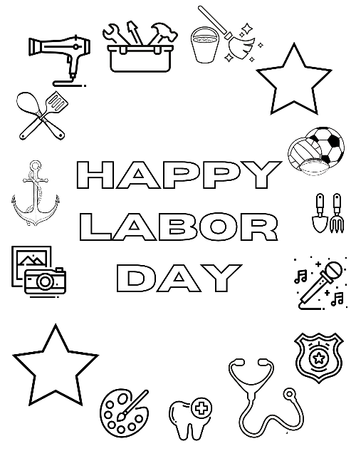 Black & white happy Labor Day coloring page.