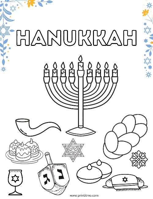 Hanukkah coloring page with blue and yellow trim.