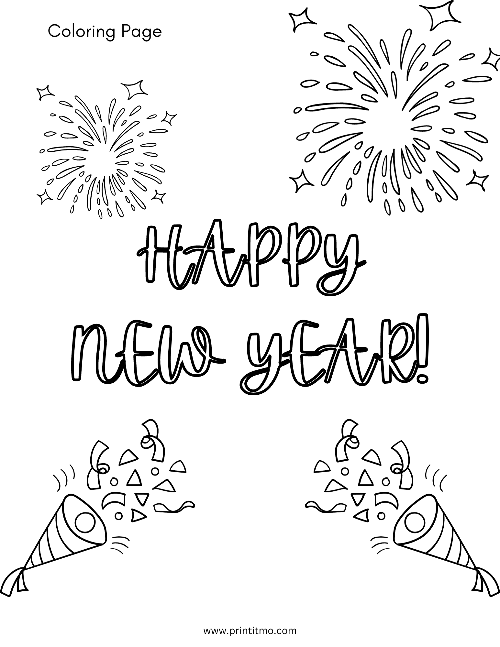 Black and while Happy New Year coloring page for kids.