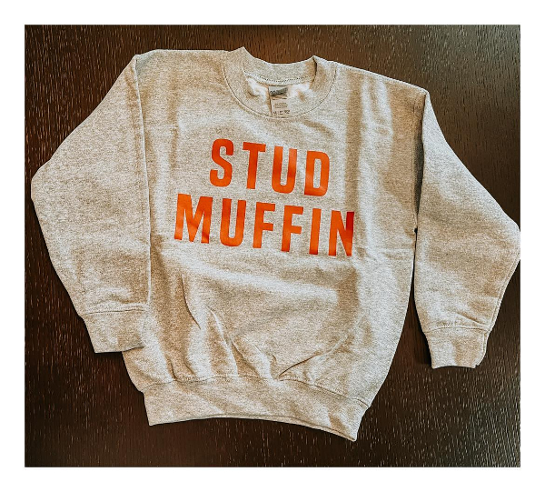 Stud Muffin Valentine's Day shirt for toddler boys in grey and red.