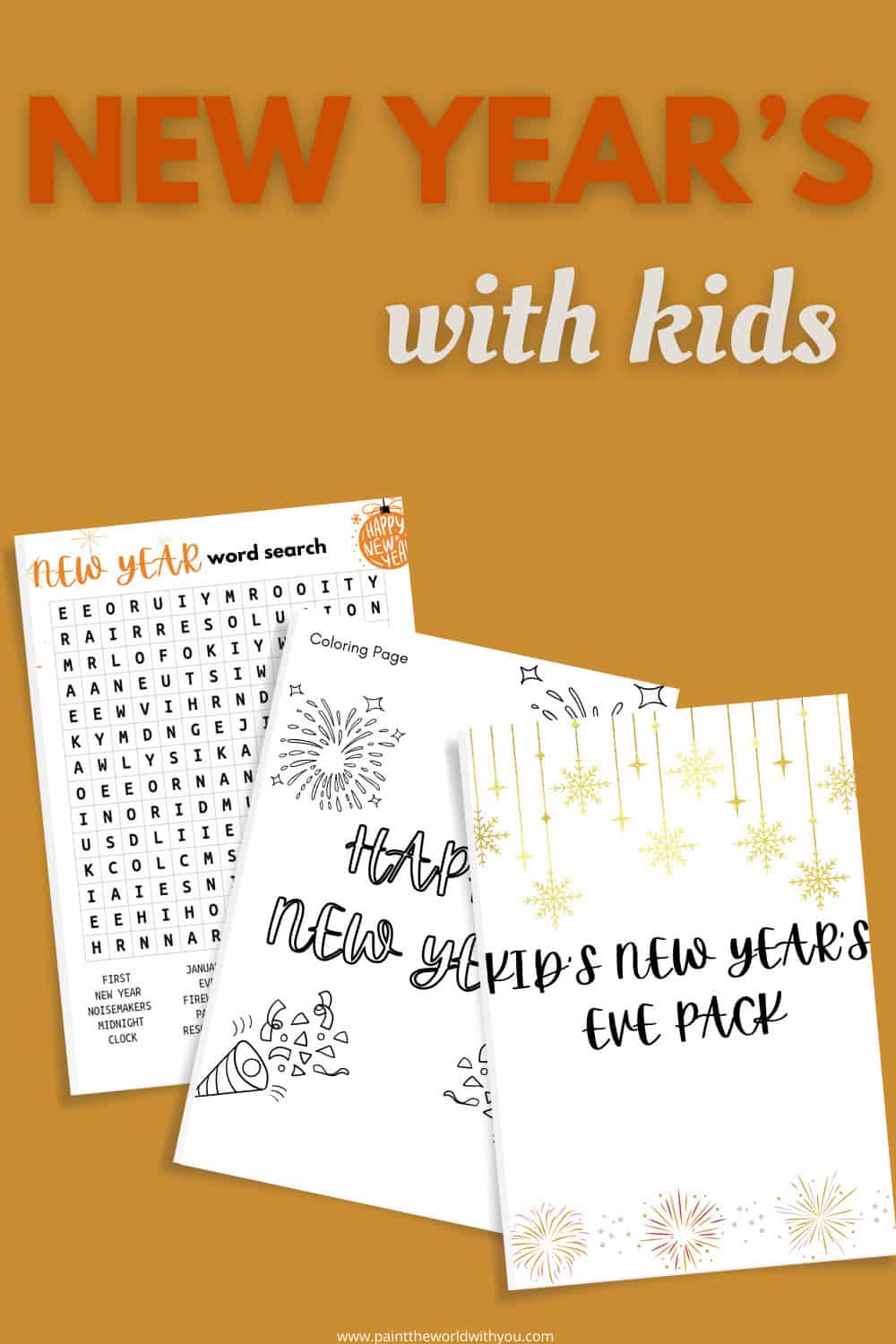 Kids New Year’s Eve printable activity pack with coloring pages, word search, crafts, and worksheets for memory reflection and 2025 goals – perfect for New Year’s Eve with kids, lesson plans, and January activities.