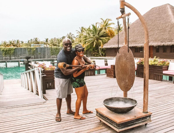 A couple on their honeymoon in the Maldives.